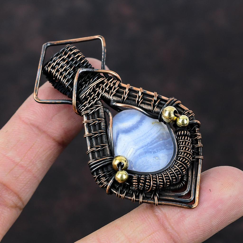 Голубой кружевной агатовый кулон, обернутый медной проволокой, ювелирное изделие ручной работы, драгоценный камень, ювелирное изделие последнего дизайна, обернутое медной проволокой, кулон в подарок для нее