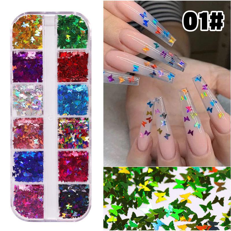 12-Color Mixed Nail Art Sequins, Laser Symphony Star Butterfly Fluorescent Diy Nail Art Decorative Sequins