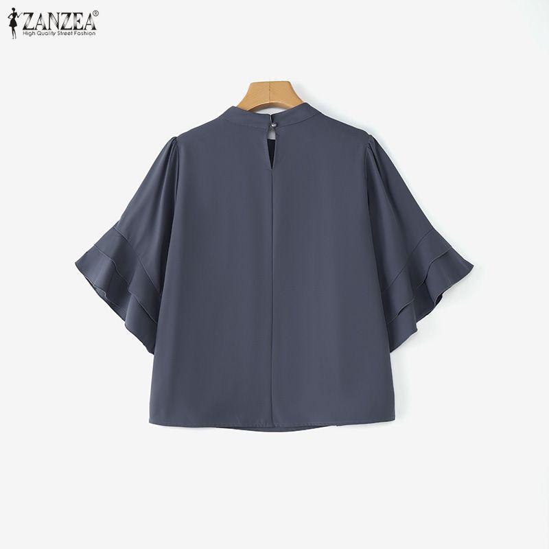 ZANZEA Women Casual Round Neck Loose Summer Ruffles Short Sleeve Blouse