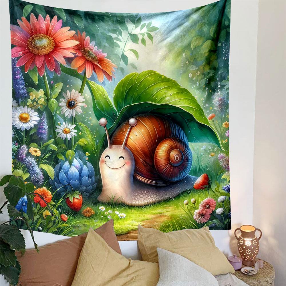 Smiling Snail in Vibrant Garden Patterned Tapestry Decorative Wall Hanging, Home Bedroom Living Room Decor