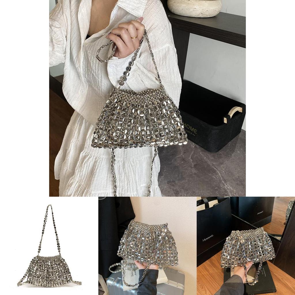 Silver Metal Chain Crossbody Bag For Womens Daily Wear Pvc Handcrafted Beaded Small Water Bucket