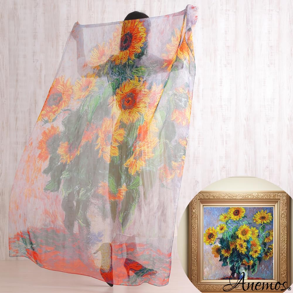 Шелковый импрессионист Клод Моне Подсолнухи Шифоновый шелк Большой шедевр Палантин Подарок [Анемос] 100%