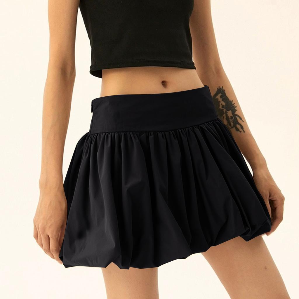Women's Bubble Skirt Ruffle Hem Pleated Short Skirt High Waist PuffyStreetwear A-Line Flared Skirt