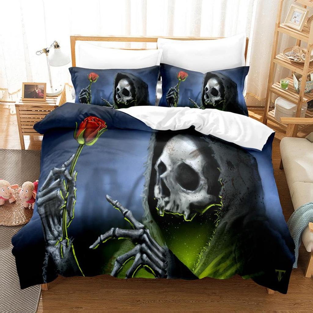 3D Printed Skull Head Bedding Set Halloween Themed Down Duvet Cover Pillowcases, 2/3 Pieces, Boys Room Horror Pattern Quilt Cover