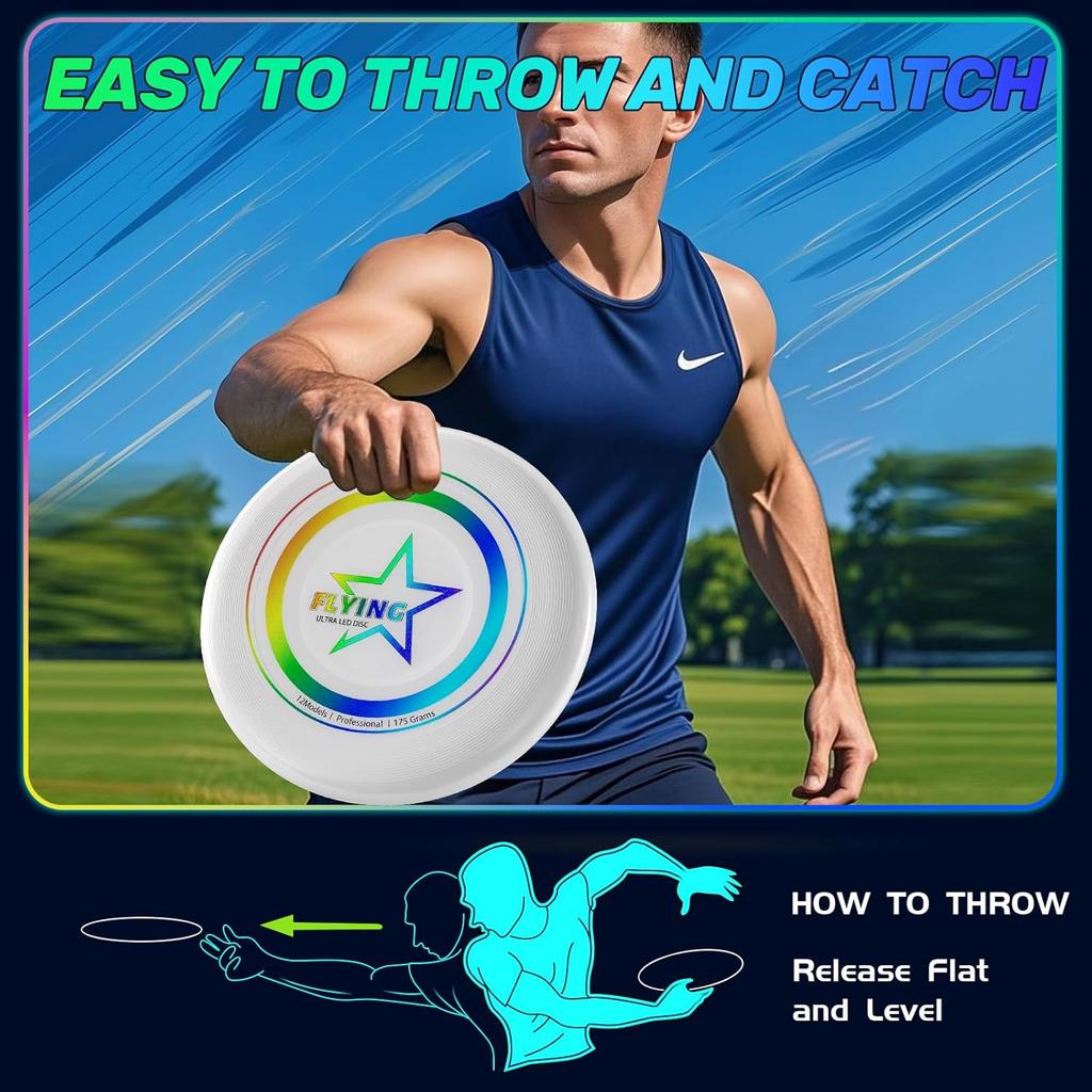 Ультраяркий летающий диск, светящийся летающий диск - 12 интеллектуальных световых программ, перезаряжаемый и ударопрочный (Идеально для ночных игр, вечеринок в саду,)