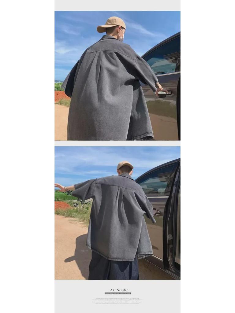 Мужская летняя рабочая джинсовая рубашка с коротким рукавом - модный японский гонконгский стиль