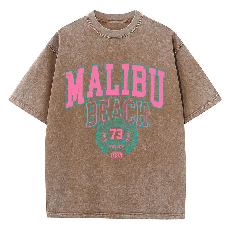 Malibu Beach Washed T-Shirt Women Letter Printing Cotton T Shirt Comfortable Crewneck Tops Casual Oversized Tees Clothes