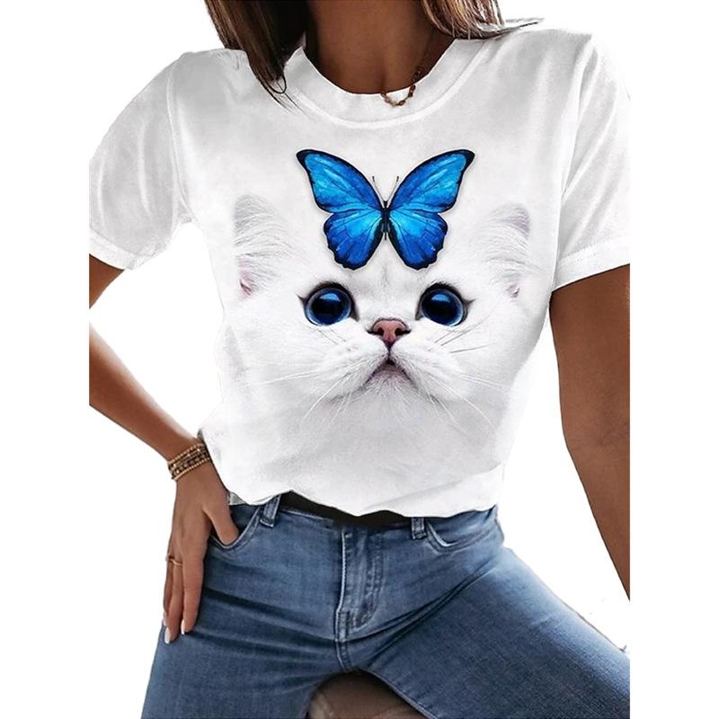 Женская мода 3D принтованная футболка Cute Cat Series круглый вырез женский топ