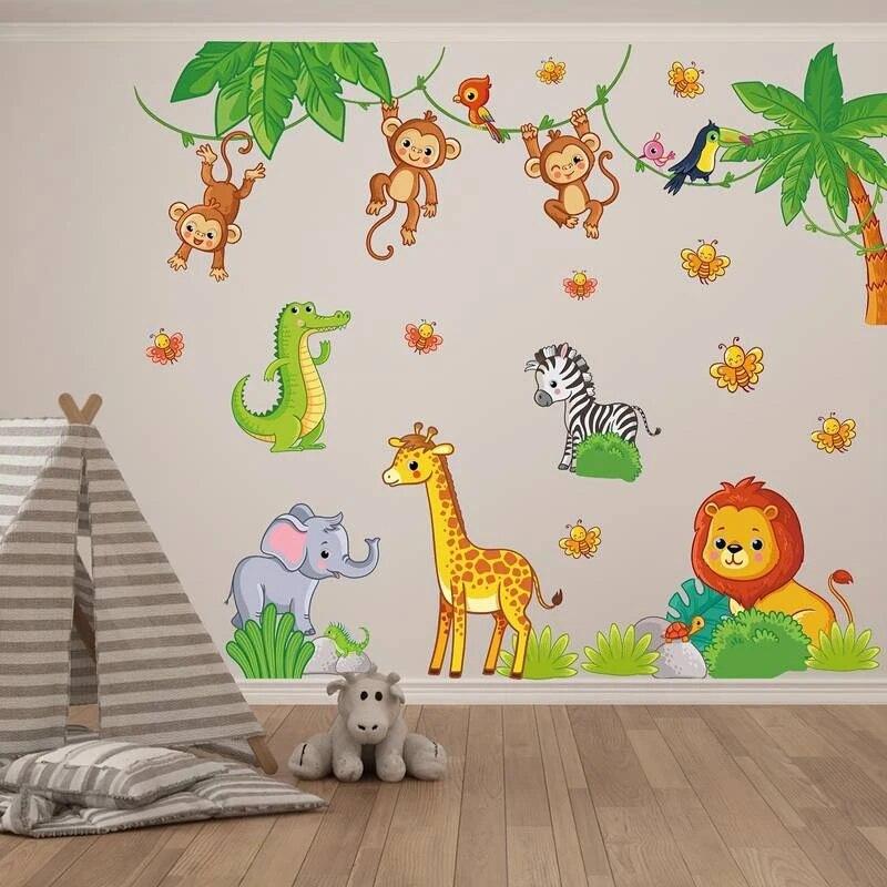 Baby Cartoon Safari Animal Wall Stickers, Giraffe Monkey Lion CHILDREN'S Room Kindergarten Decorative Decals, Cot Decoration