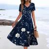 Women's Summer Casual Fashion Print Pocket Short Sleeve V-Neck Swing Dress
