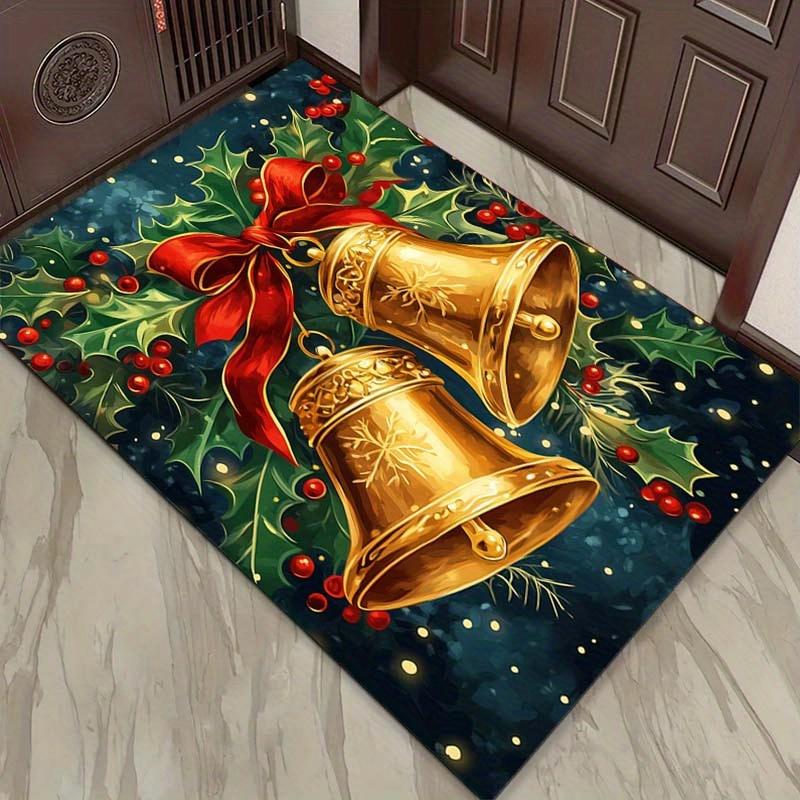 Christmas Bell Rug - Festive Gold Bells with Holly Berries for Holiday Décor | Winter Wonderland Carpets Skid resistant carpet