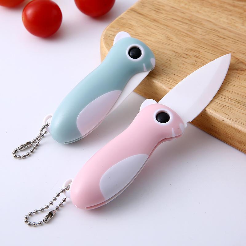 Cute Cartoon Ceramic Cutter Plastic Handle Folding Fruit Knife Kitchen Kids Auxiliary Knives Mini Portable Sharp Knife Peeler