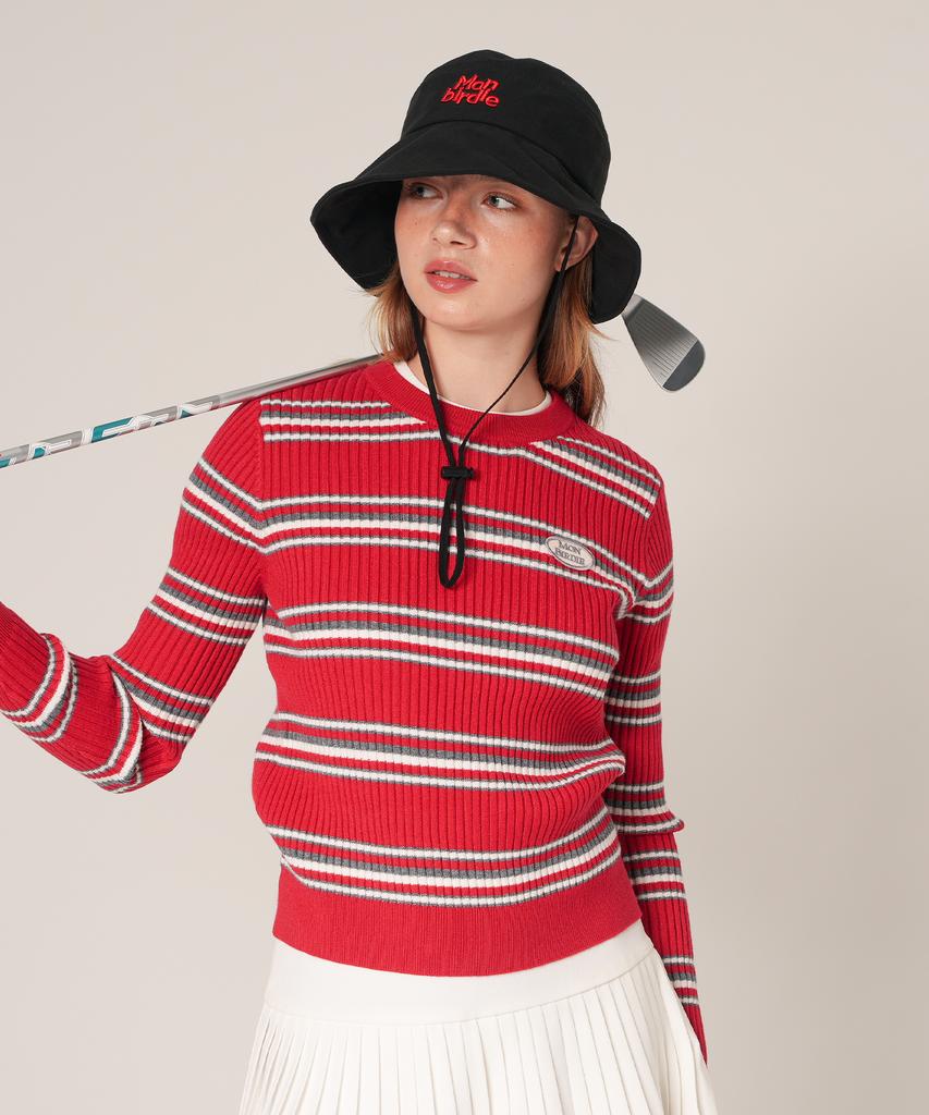 MONBIRDIE GOLF Emily Striped Crewneck Knit Red