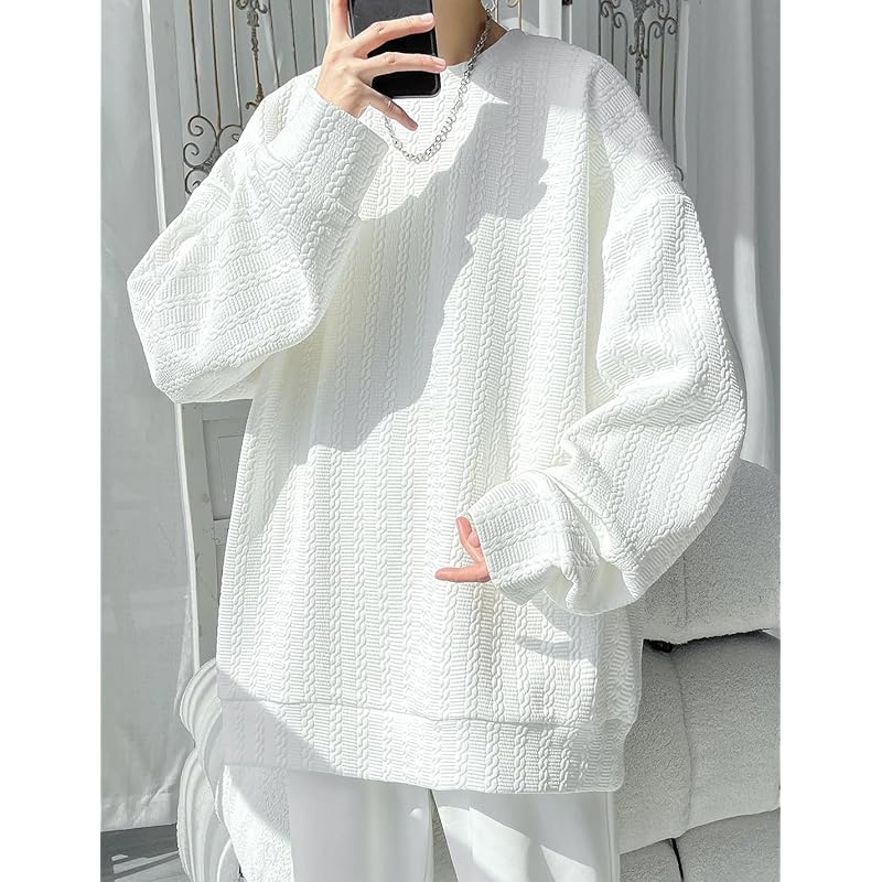 [JHIJSC] Men's Trainer Spring Long Sleeve Relaxing Casual Plain Color Fashionable Large Size (JP, Alphabet, M, White)