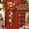 Plush Highland Cow Ornament Lighted Christmas Door Swag, LED Hanging Decor with Plaid Ribbon Traditional Red Green Holiday And Berries, Farmhouse for