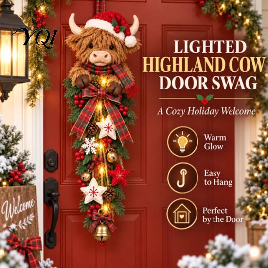 Plush Highland Cow Ornament Lighted Christmas Door Swag, LED Hanging Decor with Plaid Ribbon Traditional Red Green Holiday And Berries, Farmhouse for