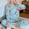 Sleepwear Striped Lapel Splicing Sexy Nightwear Women Flame Bird Flowers Long-Sleeved Silk Pajamas Ladies Home Wear