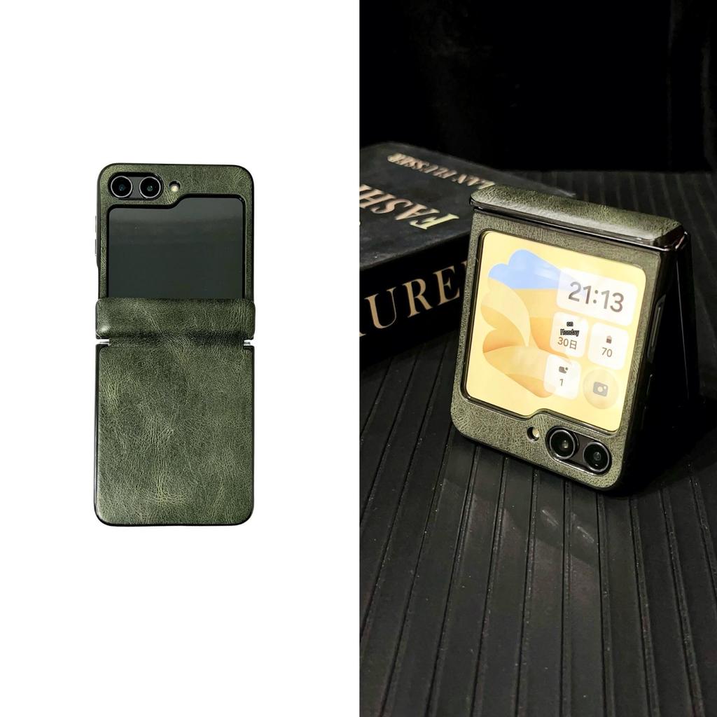 Чехол-книжка Samsung Galaxy Z Flip7 из кожи Crazy Horse с защитной крышкой из матового материала с текстурой кожи
