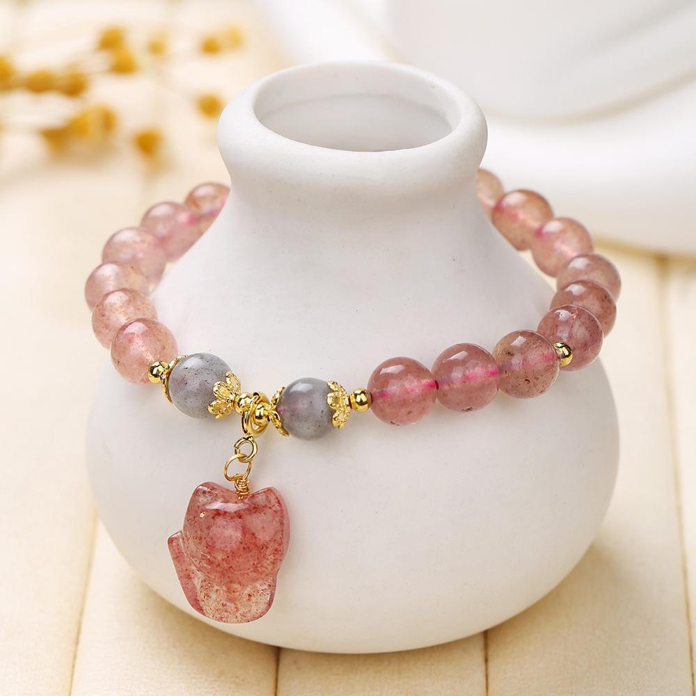 Трендовый браслет 2024 года из клубничных вафельных бусин с подвеской в виде лисы и серыми лунными акцентами для женщин