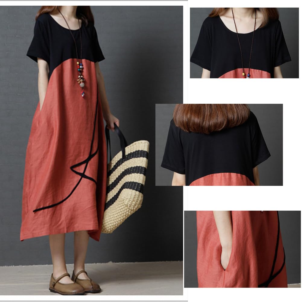 Short Round Long Plus [SDSXZWG] Women's Cotton-Linen Dress, Sleeve, Lightweight, Neck, Dress, Flattering, Slimming, Sizes, Summer/Autumn (JP,
