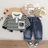 Boys' Long Sleeved Two-piece Set 0-5-year-old Boys' Black and White Striped Polo Shirt Casual Denim Pants Set