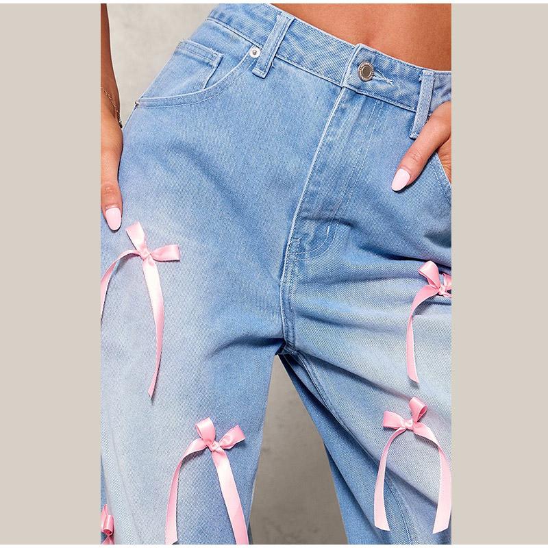 High Waist Wide Leg Denim Jeans Women's Street Style Loose Fit Butterfly Knot Long Pants from Mainland China Female Clothing
