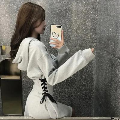 Уличная одежда Мини-платье Женское Harajuku с капюшоном Бандажное платье А-силуэта Весна Осень Корейский Высокая талия Шнуровка Тонкие Платья