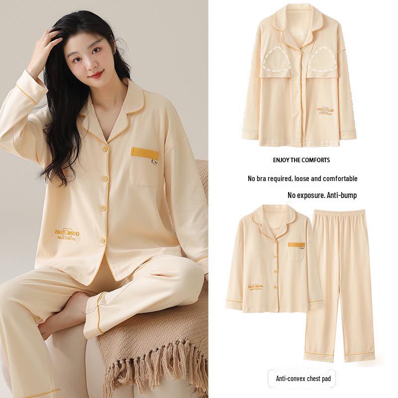 Женский хлопковый кардиган, комплект из двух предметов с нагрудными вкладышами: Сладкая и Повседневная Домашняя Одежда с Длинным Рукавом для Весны и Осени