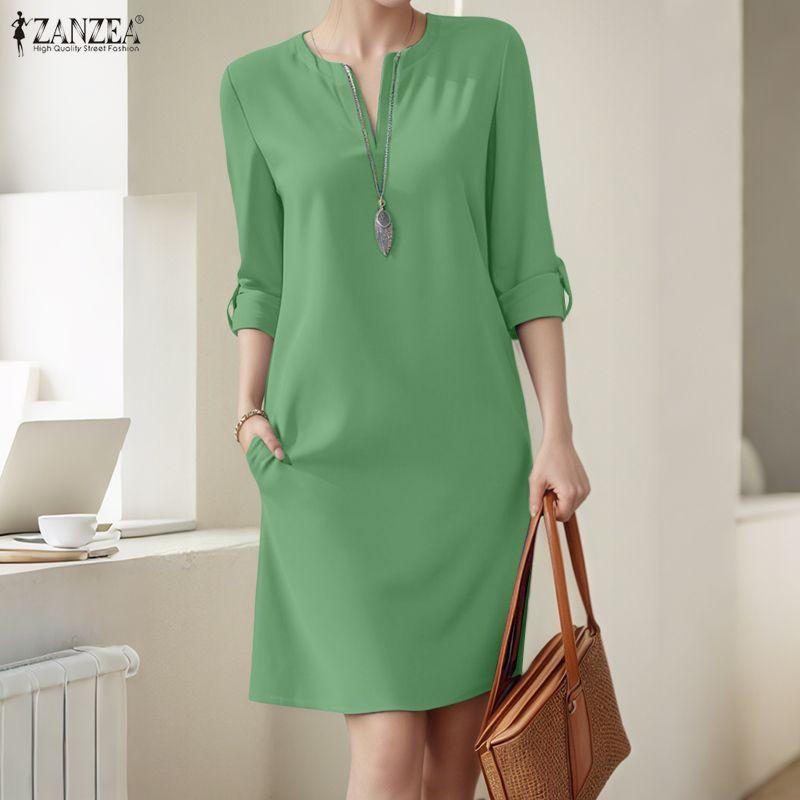 ZANZEA Женское повседневное летнее платье с V-образным вырезом и рукавом 3/4