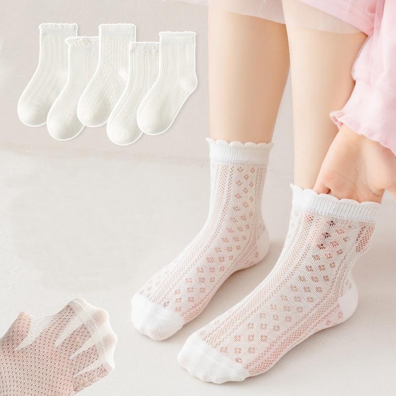 5 Pairs Girls Summer Mesh Socks Thin Breathable Princess Lace Trim Sweet Fashion Short Socks For Kids Age 2-12 Years Old