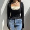 2022 New Stitching Fake Two-piece Long-sleeved Women T-shirt Black Waist Tube Top Square Collar Bottoming Casual Tops for Women