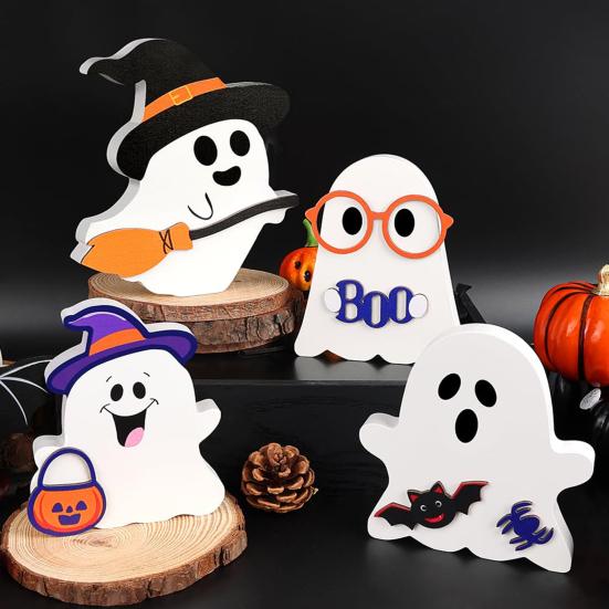 Cute Wooden Ghost Signs Halloween Indoor Tiered Tray Decor Ghost Theme Tabletop Centerpiece for Party Home Kitchen Shelf Decor