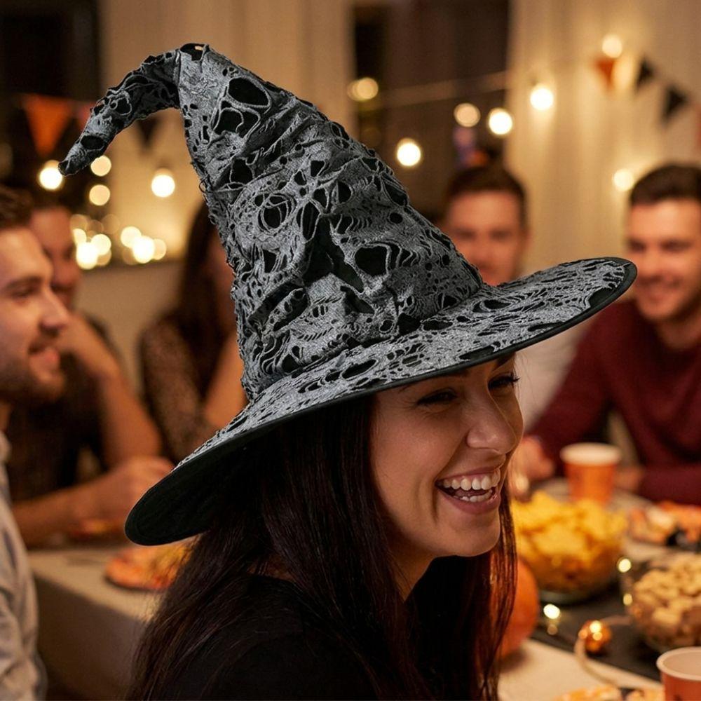 Large Wide Brim Ripped Tattered Witch Hat Tall Pointed Cone Top Pointed Mage Hat  Halloween Party