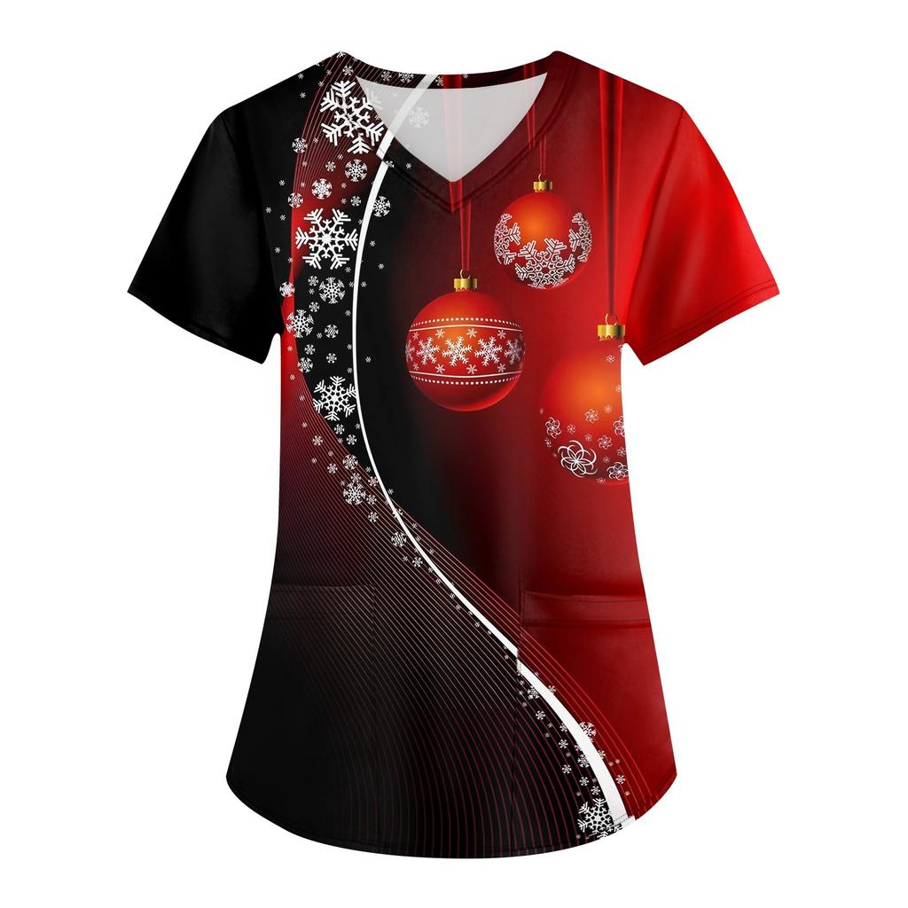 Women's Fashion V-neck Short Sleeve Workwear With Pockets Christmas Printed Tops
