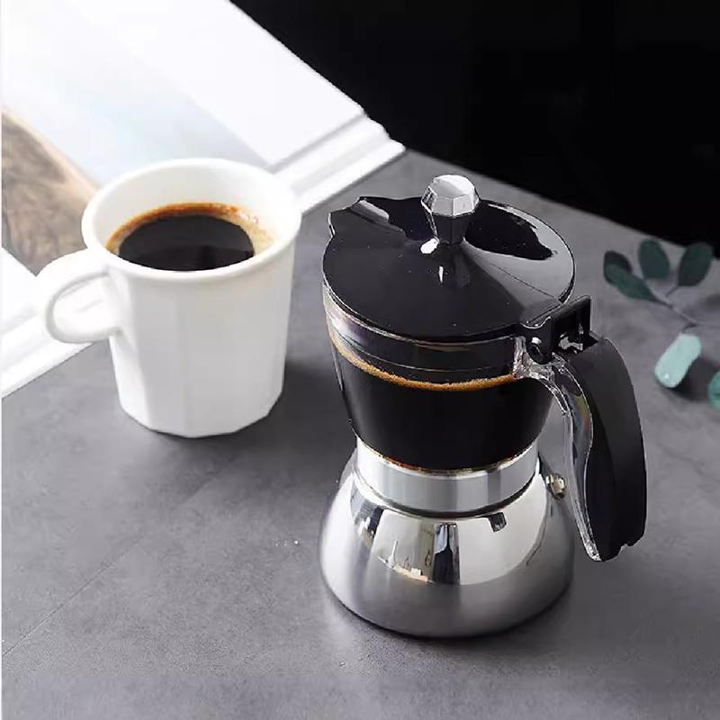 JUSTINLAU 4/6 Cups Transparent Moka Pot Household Espresso Coffee Brewing Kettle for Electric Stove Stainless Steel Moka Pot