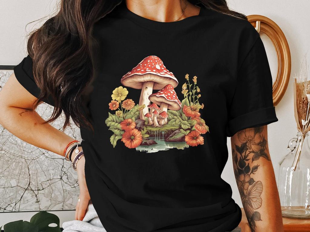 Whimsical Mushroom Garden T-Shirt, Cottagecore Illustration Tee, Enchanted Forest Design, Nature Lover's Graphic Shirt, Fungi Art Top