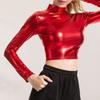 Women Club Top Half-high Collar Glossy Surface Skinny Waist-exposed Solid Color Pullover Soft Breathable Lady Pole Dance Performance Party Crop Top