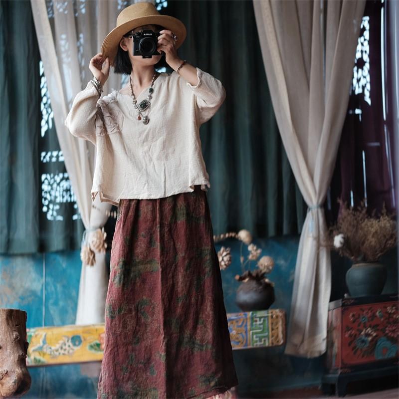 Johnature Осенняя женская льняная юбка с эластичным поясом, модная винтажная юбка в китайском стиле с принтом в стиле ретро