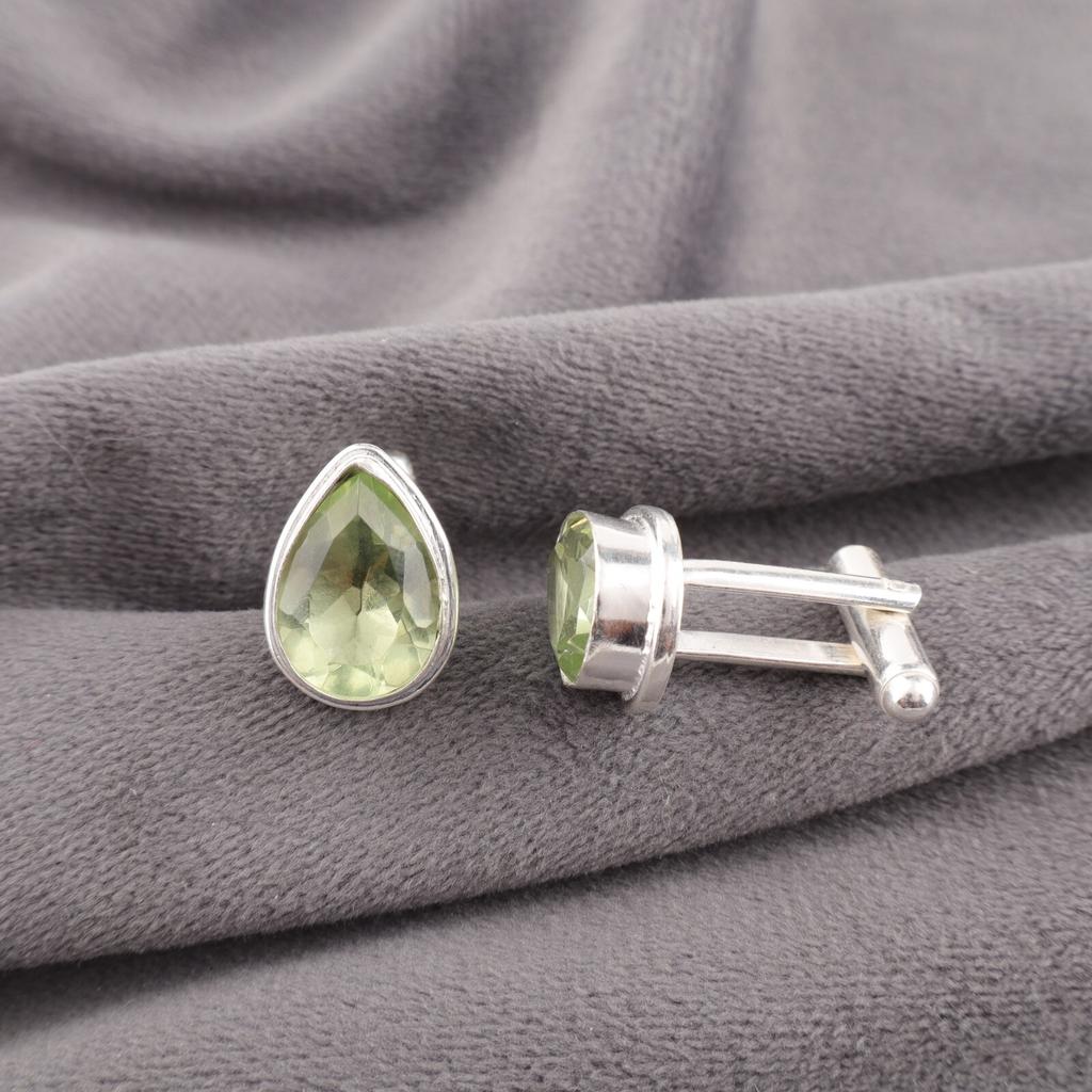 Green Amethyst Gemstone 925 Sterling Silver Jewelry Handcrafted Cufflinks 0.66" CL-6-15