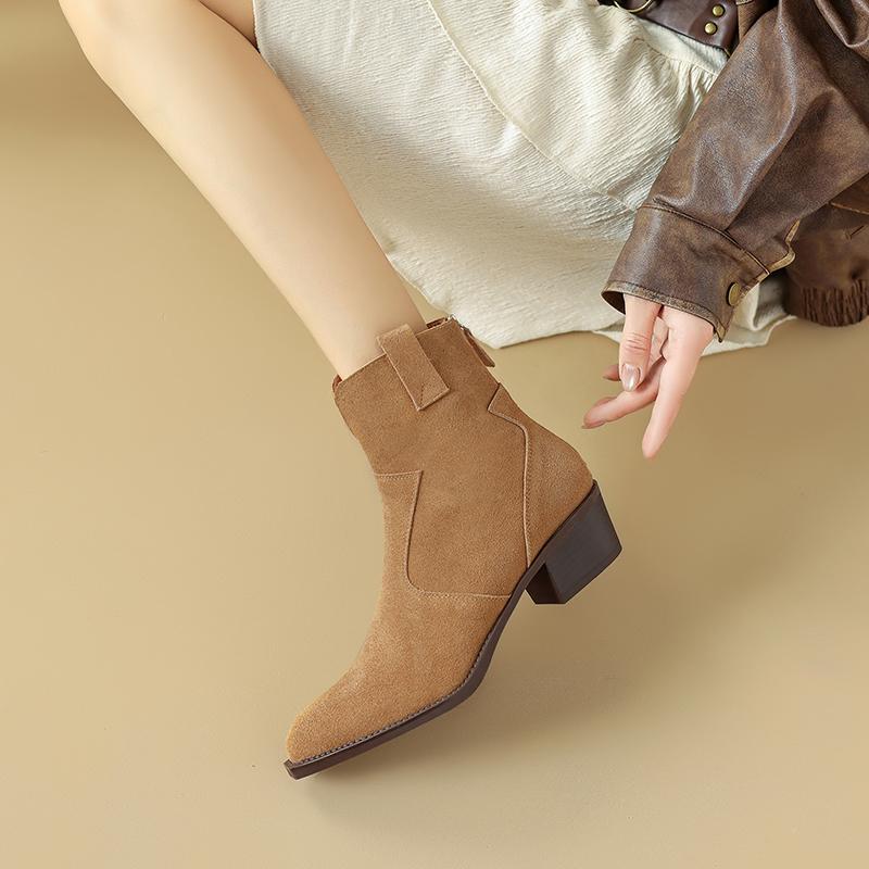 Зимние классические ботинки челси 2025 года для женщин из коровьей замши с острым носком на танкетке, ботильоны, простые и удобные ковбойские сапоги для женщин