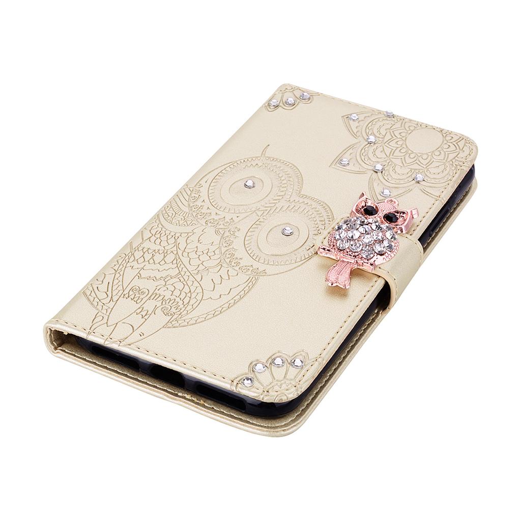 For iPhone 16e Wallet Case Owl Flower Imprinted Rhinestone Leather Cover