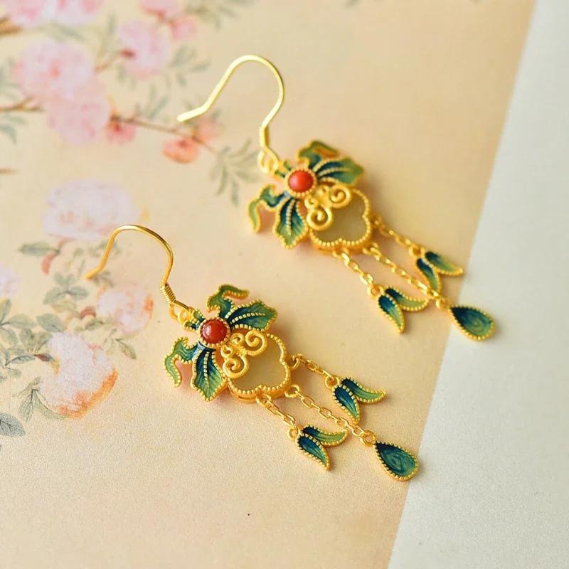 Natural Hetian White Jade Enamel Porcelain Tassel Earrings for Women Ancient Gold Craftsmanship Ancient Rhyme Court Jewelry