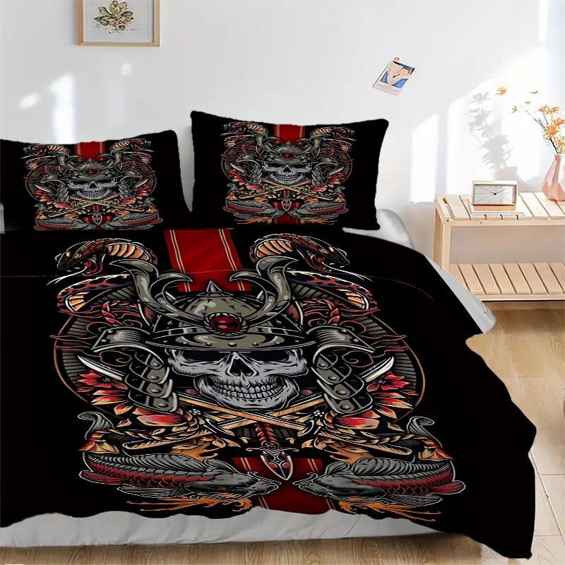 3pcs Anime Samurai Skull Decorative Bedding Set - Includes One Quilt Cover and Two Pillowcases (No Core) - Perfect for Bedroom and Guest Room Decorati