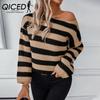 Contrast Color Striped Line-neck Sweater Women's Autumn and Winter Casual Loose Women's Knitwear