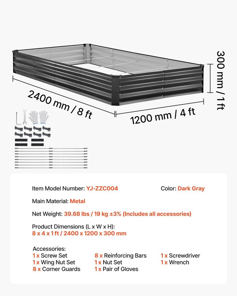 2 Pack Galvanized Raised Garden Beds, 2400 x 1200 x 300 mm, Rectangular Metal Planter Boxes Kit Outdoor, Elevated Planting Box with Gloves, Alu-Zinc,
