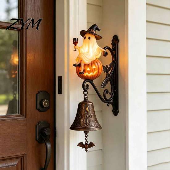 Illuminated Porch Hanging Halloween Light Up Ghost Pumpkin Doorbell, Vintage Resin Wall Bell with Spooky Yard Accessories Warm Glowing, Battery