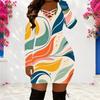 Women Plus Size Criss Cross V Neck Long Sleeve Pink Purple Printed Bodycon Mini Dress