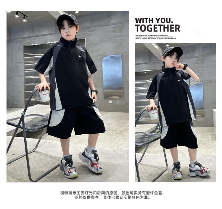 Boys' summer outfit set 2026 new style big boys' summer thin short sleeved children's stand up collar sports top handsome