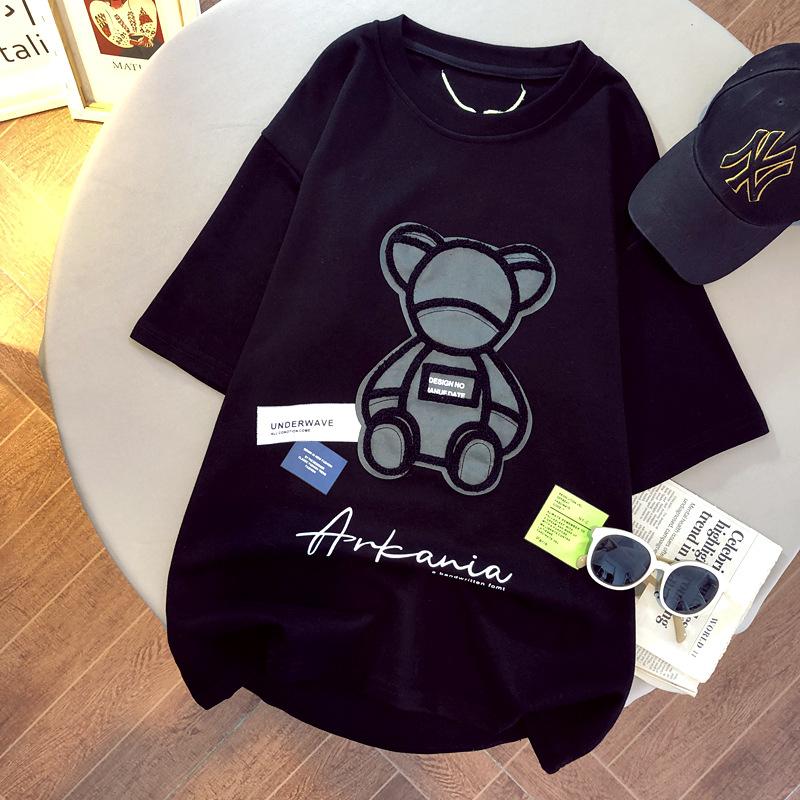 Женские футболки Harajuku, топы больших размеров для девочек, с круглым вырезом и короткими рукавами, свободная летняя футболка с вышивкой, футболка с медведем, футболки