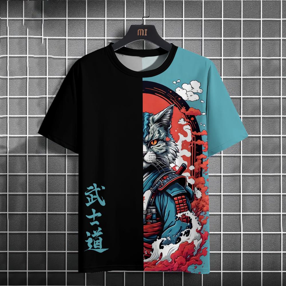 Japanese Anime Samurai Cat T-Shirt For Men 3D Animal Print Short Sleeve Tops Tee Casual T-Shirt Oversize Shirt Men Clothing
